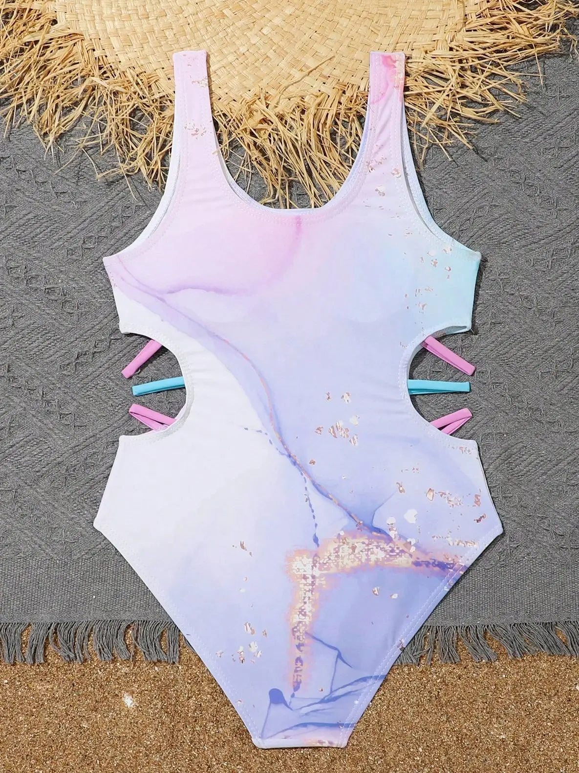 Pink Purple Tie Dye Teenage Girls One Piece Swimsuit 7-12 Year Kids Swim Suit Cut Out Children's Swimwear 2024 Bathing Suits
