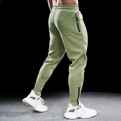 Autumn Winter Men Pure Cotton Motion Elastic Waist Bodybuilding Sweatpants Comfortable Breathable Zipper Elastic Slim Trousers