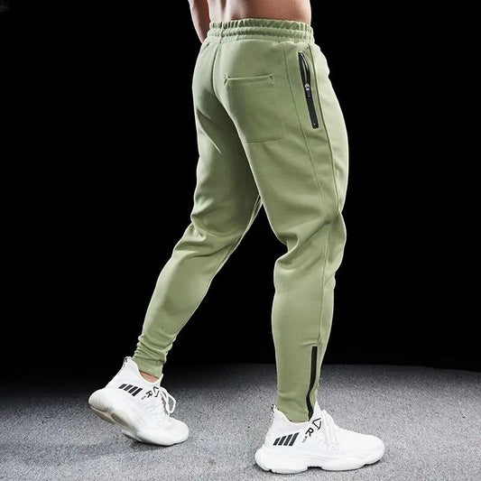 Autumn Winter Men Pure Cotton Motion Elastic Waist Bodybuilding Sweatpants Comfortable Breathable Zipper Elastic Slim Trousers