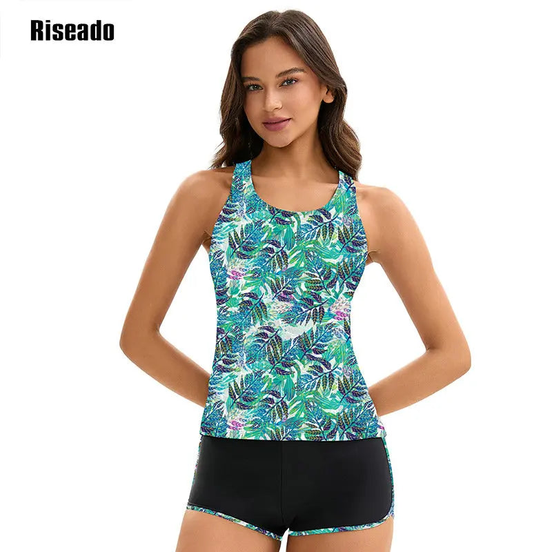 Women's Tankini Swimsuits Tummy Control Ruched Two Piece Bathing Suit Round Neck Sleeveless Swimwear with Shorts