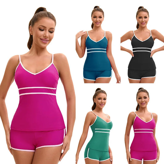 Swimsuit Solid Two Piece Tankini Swimsuits for Women  Bathing Suit with Shorts Athletic  Swimwear for Summer