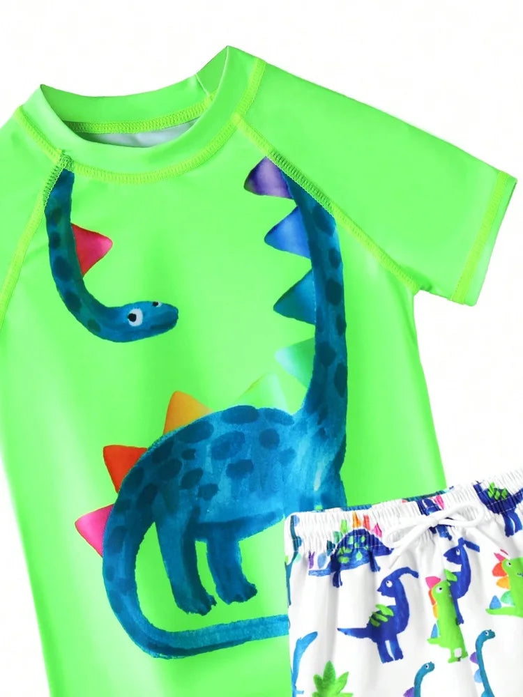 Boy Kids Swimsuit Green Short Sleeve Cartoon Dinosaur Children Swimwear Summer Beach Wear Shorts Bathing Suit Swimming