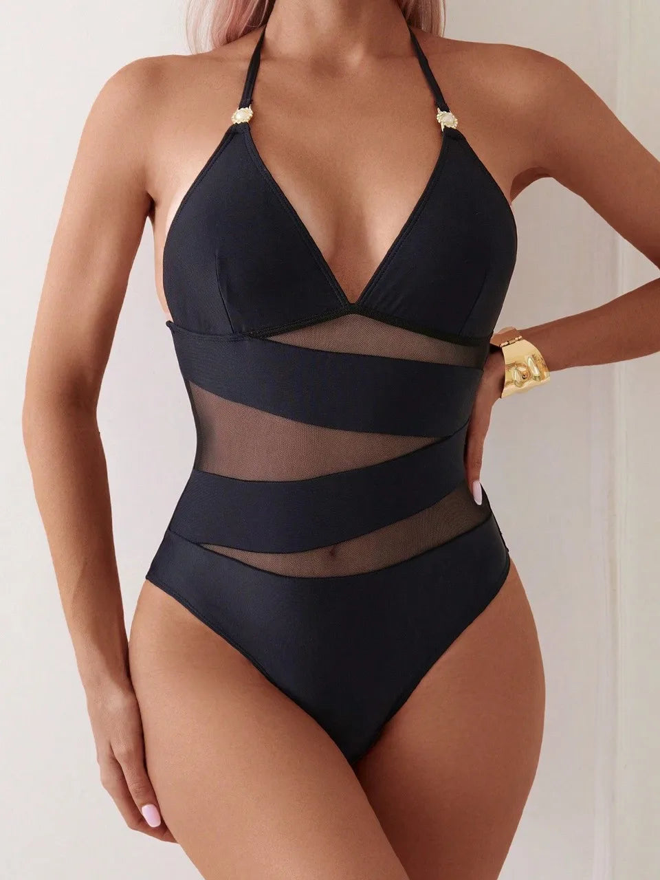 Halter String Swimwear Women One Piece Hollow Mesh Swimsuit Backless Bodysuit Female Bathing Swimming Suit Padded Beachwear