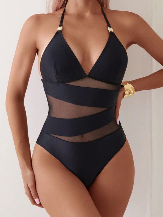 Halter String Swimwear Women One Piece Hollow Mesh Swimsuit Backless Bodysuit Female Bathing Swimming Suit Padded Beachwear