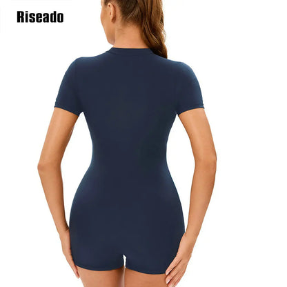 Short Sleeve Rash Guard Women Boyleg Sport One Piece Swimsuit Short Sleeve Athletic Swimwear Adult Bathing Suit for Training-Pool