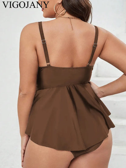 Solid Patchwork Plus Size Tankini Women Push Up High Waist Big 2 Piece Swimsuit Backless Beach Large Bathing Suit