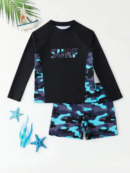 Boy Swimsuit Geometry Print Long Sleeve Children Swimwear Summer Two Piece Kids Beach Wear Swimming Bathing Suit Men's