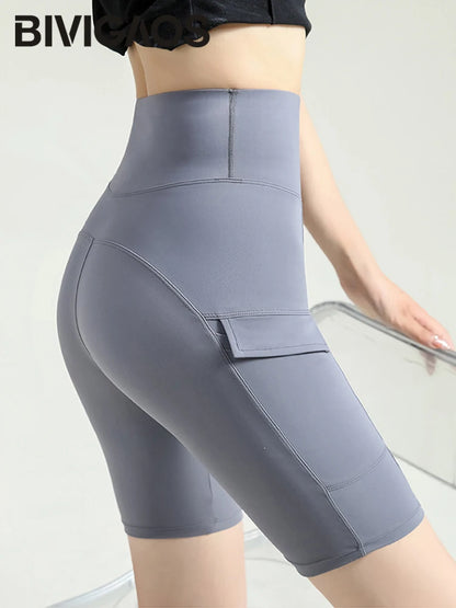 BIVIGAOS Summer New Cargo Pocket Shark Shorts Women's Sport Fitness Cycling Shorts High Waist Running Tight Biker Short Leggings