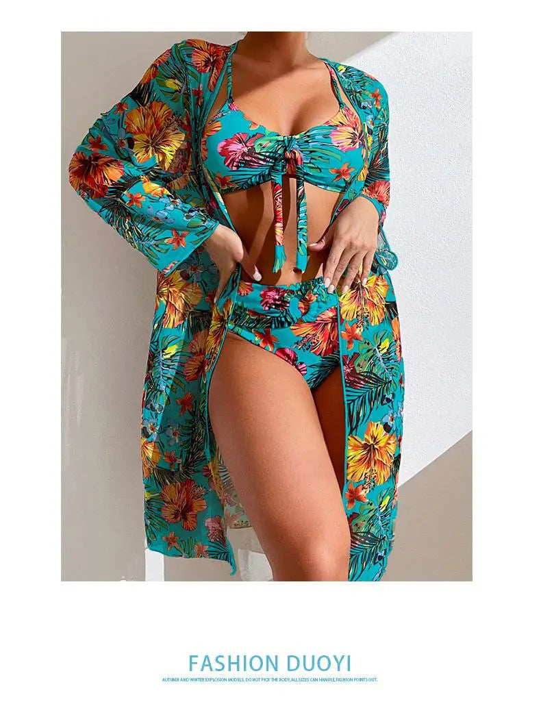Split Three Piece Floral Printed Swimsuit Women Bikini Set Wireless Bra with Pad Sport Top Long sleeve Blouse Swimwear