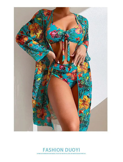 Split Three Piece Floral Printed Swimsuit Women Bikini Set Wireless Bra with Pad Sport Top Long sleeve Blouse Swimwear