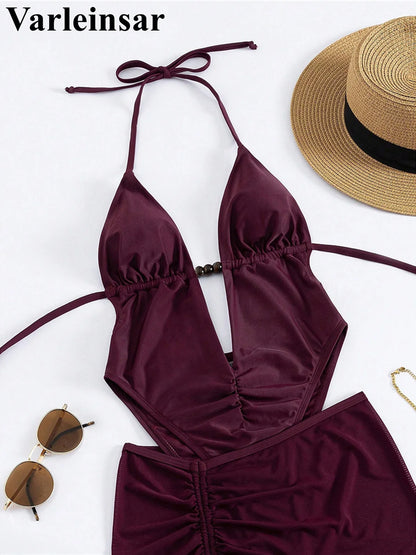Skirt Halter Deep V Neck Women Swimwear One Piece Swimsuit Female High Leg Cut Backless Bather Bathing Suit Swim