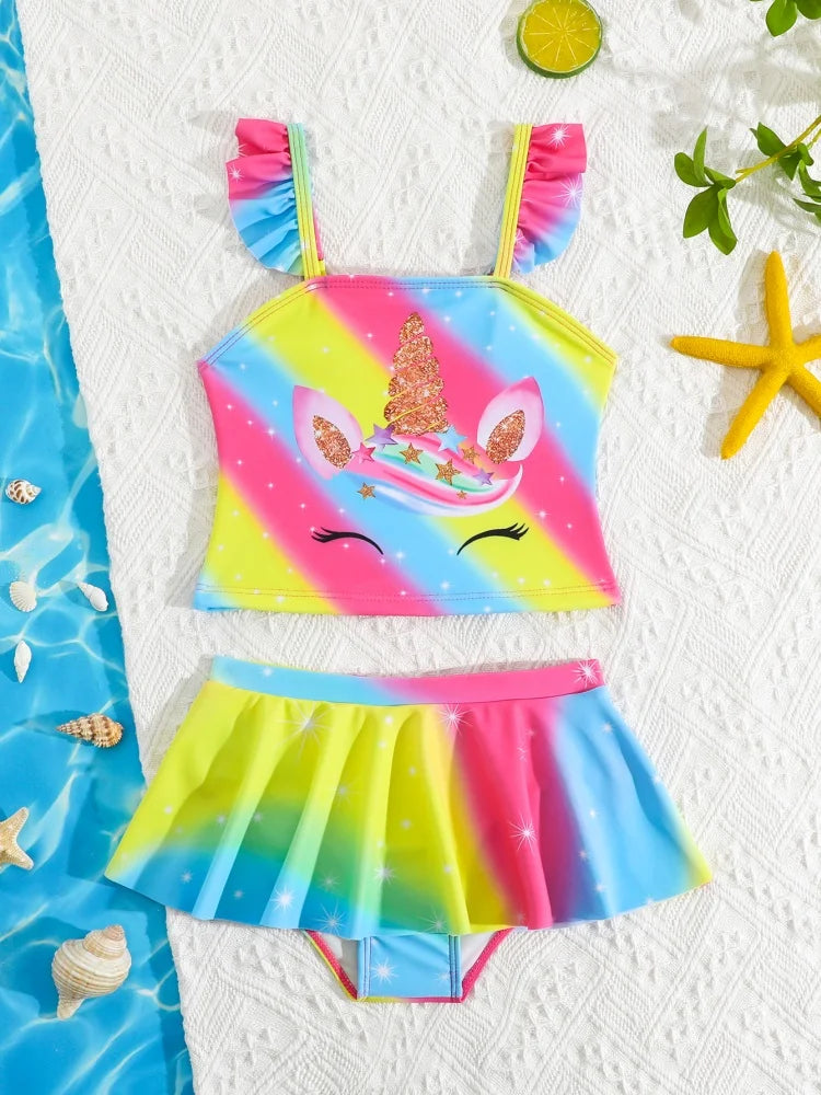 Bikini Girls Kids Swimsuit Rainbow Strips Ruffle Sling Children Swimwear Summing Bikinis Short Skirt Beach Bathing Suit