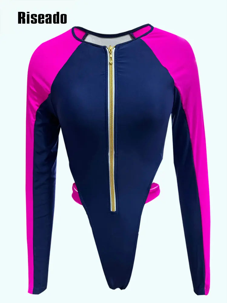 Women's Long Sleeve High Cut Bodysuit Zipper Front  Body Suits Seamed Cup Going Out Tops Shirt High Cut String Thong Swimwear