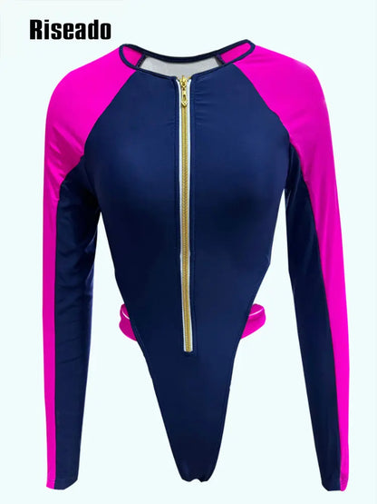 Women's Long Sleeve High Cut Bodysuit Zipper Front  Body Suits Seamed Cup Going Out Tops Shirt High Cut String Thong Swimwear