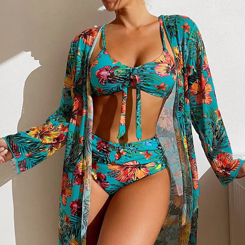 Size S-3XL Bikini Three Pieces Floral Printed Swimsuit Women Bikini Set With Mesh Long-Sleeved Blouse ,Bra Top with Pad Swimwear