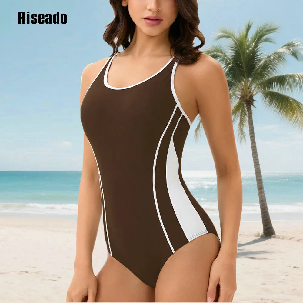 Womens Color Block Print One Piece Swimsuits Athletic Training Swimwear High Waist Slimming Bathing Suits