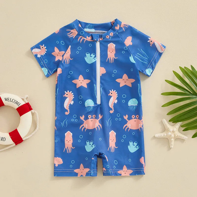 0-36months Toddler Boys Rash Guard Swimwear Cartoon Marine Print Swimsuits For Boys Front Zipper One_piece Bathing Suits