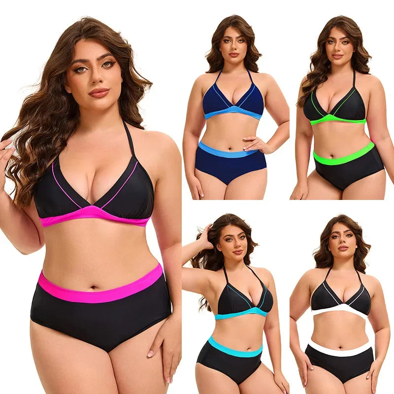 Plus Size Bikini Swimsuit Low Waist Bikini Set Backless Women's Swimsuit Block Color Two-Pieces Swimwear Summer Beach Bathing Suit