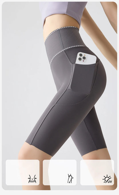 Pocket Yoga Sharkskin Bicycle Shorts Women Thin High Waist Push Up Light Feeling Sports  Fitness Cycling Shorts