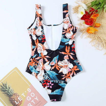 Multi Designs Color Printed Zipper Swimsuit One Piece Swimwear Women Floral Bathers Bathing Swimming Swim Suit Female Beachwear