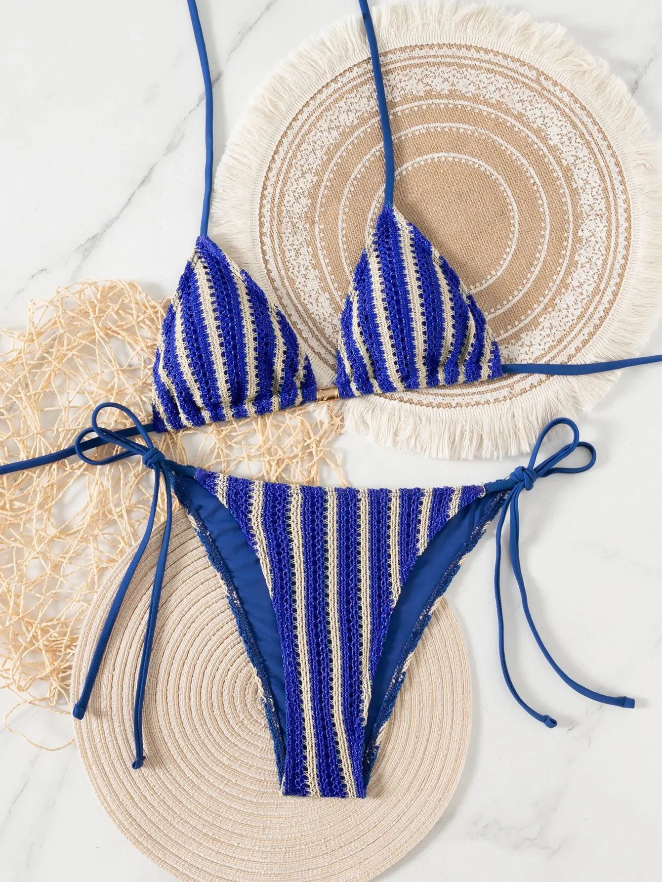 Blue Striped Bikini Set Women Metal Starfish Ornament Push Up Swimsuit Brazilian Beach Bathing Suit Thong Swimwear