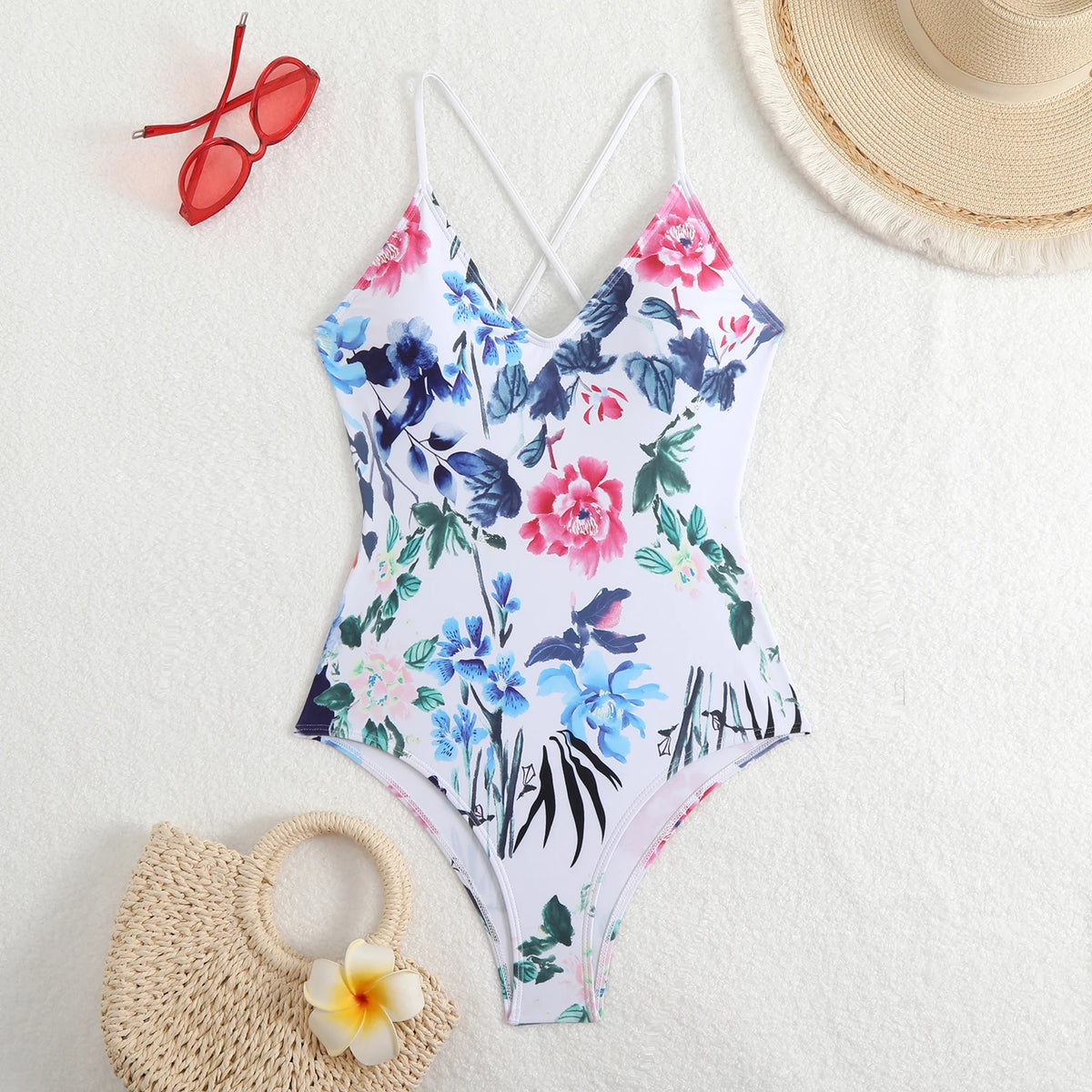V-neck Strappy Swimsuit Women One Piece Printed Back Cross Swimwear Female Bathers Bathing Swimming Swim Suit Beachwear