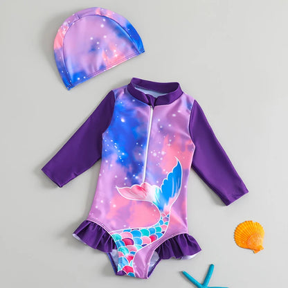 Long Sleeves Girls' Swimsuit With Hat Beachwear Surf One Pieces Colour Ruffle Kids Girls Summer Swimsuits Princess