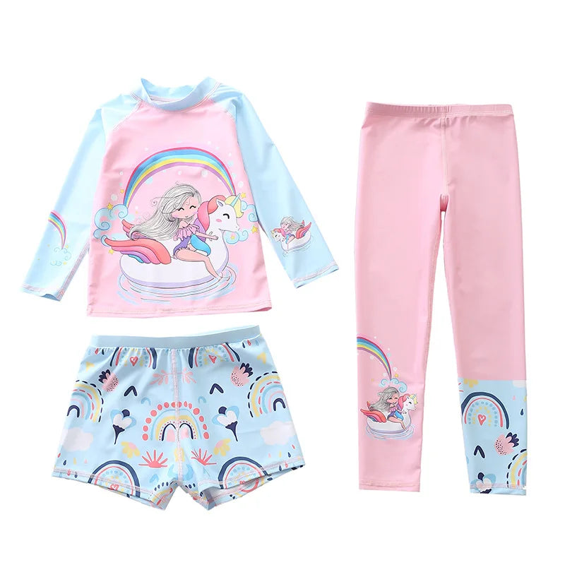 Girls Swimsuits Sunscreen UPF50 Children's Swimwear Long-Sleeved Unicorn Print Beachwear Kids Swimming Bathing Suit 4-12 Years