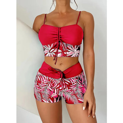 Women Summer Beach Drawstring Tropical Plant Printed Shorts Bikini Set, Random Print