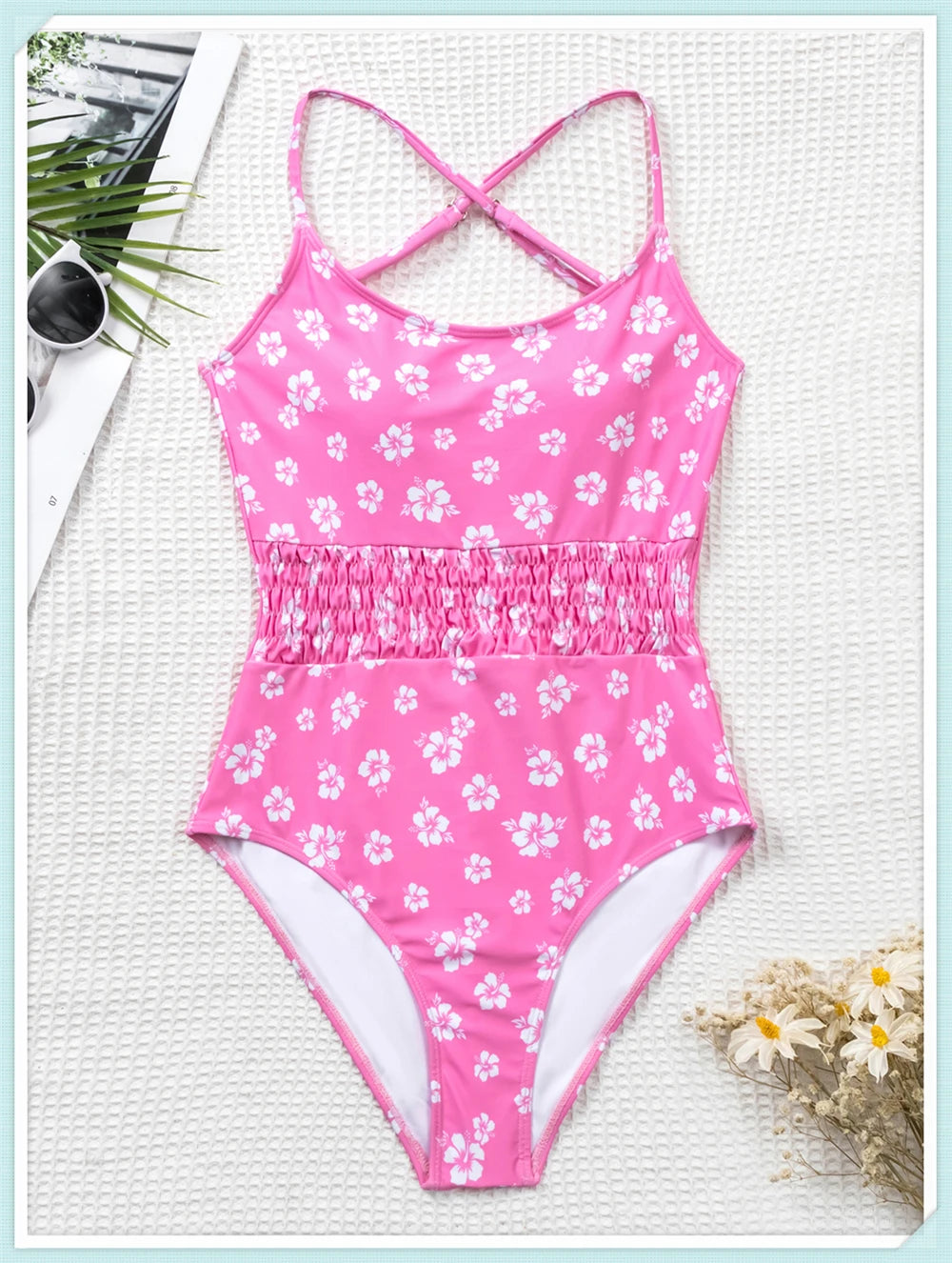 Straped Criss Back One Piece Swimsuit Vintage Swimwear Women Floral Print Bathing Suit Female Front Fold Beachwear Bodysuit