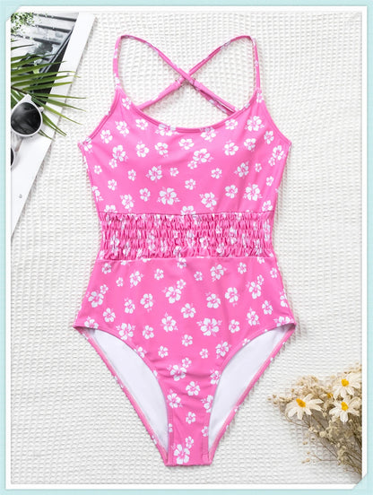 Straped Criss Back One Piece Swimsuit Vintage Swimwear Women Floral Print Bathing Suit Female Front Fold Beachwear Bodysuit
