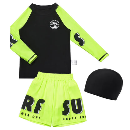 3 Pcs New Boy's Swimsuit Sun Protection UPF 50+ Long Sleeve Swimming Sunsuit With Hat Split Children Fluorescent Bathing Suits