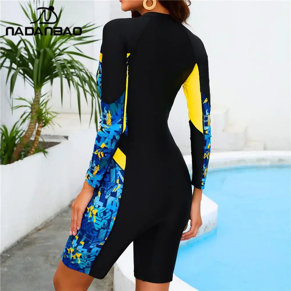 One-Piece Swimsuit Women Quick-Drying Surfing Beachwear Sun Protection Swimwear Female Long Sleeve Zipper Swimsuit