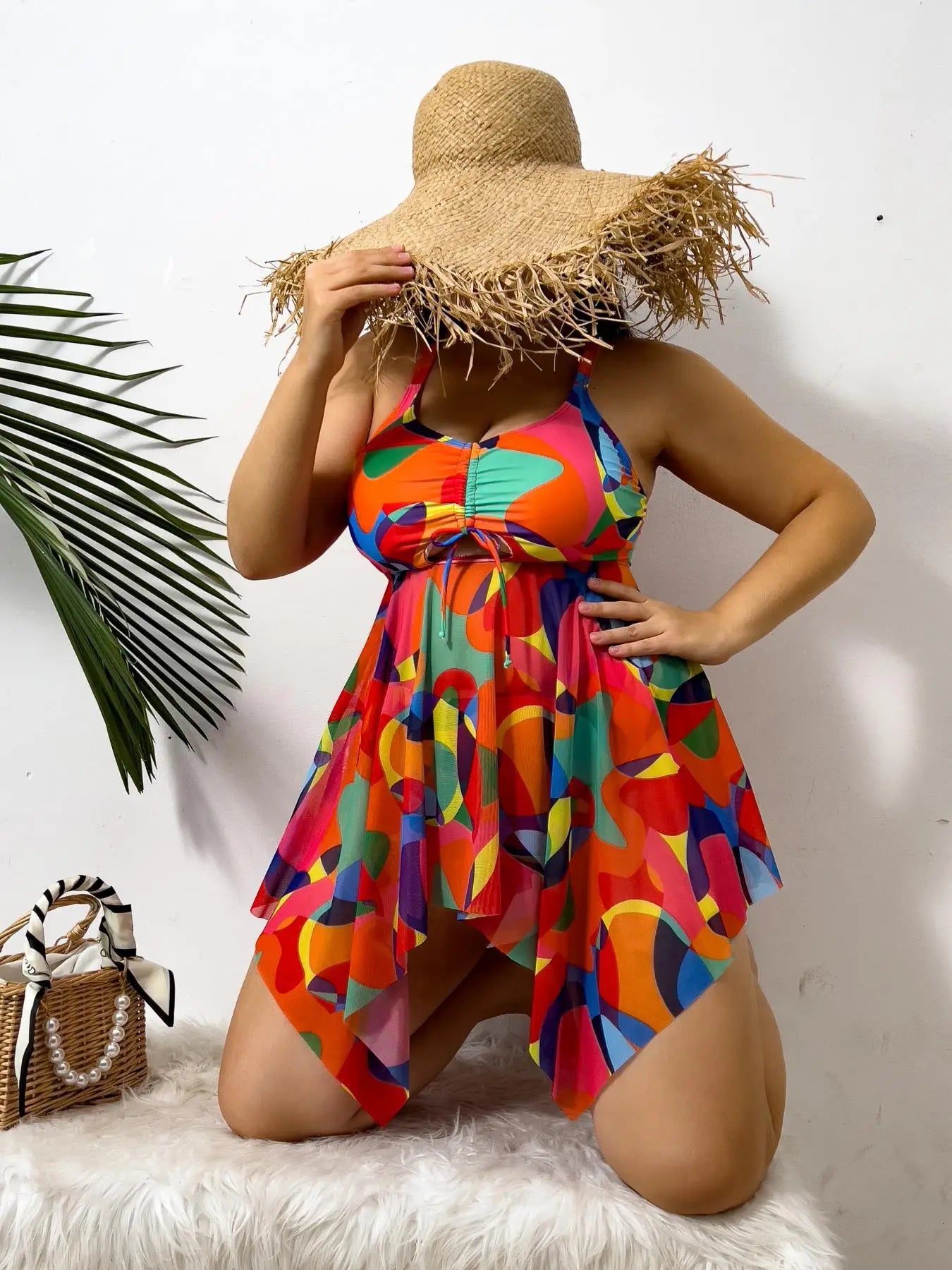 Color Print Strapped 2 Piece Plus Size Tankini Set Women Large High Waist Big Swimsuit Brazilian Lady Curvy Bathing Suit