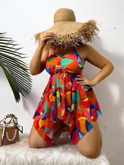 Color Print Strapped 2 Piece Plus Size Tankini Set Women Large High Waist Big Swimsuit Brazilian Lady Curvy Bathing Suit
