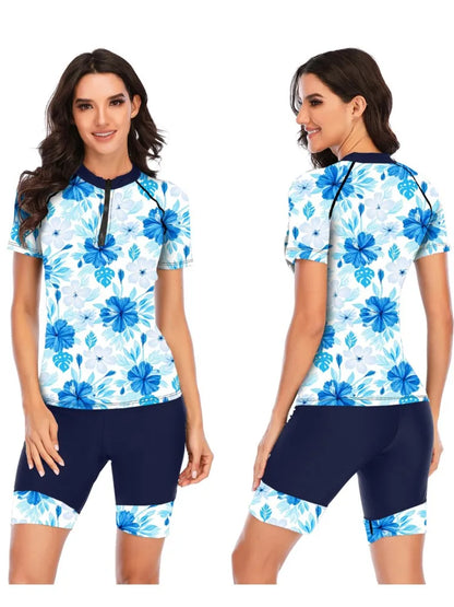 2 Piece Sets Swimsuit Women Summer Bathing Suit Short Sleeve Swimwear Women Beach Swimming Suit For Female