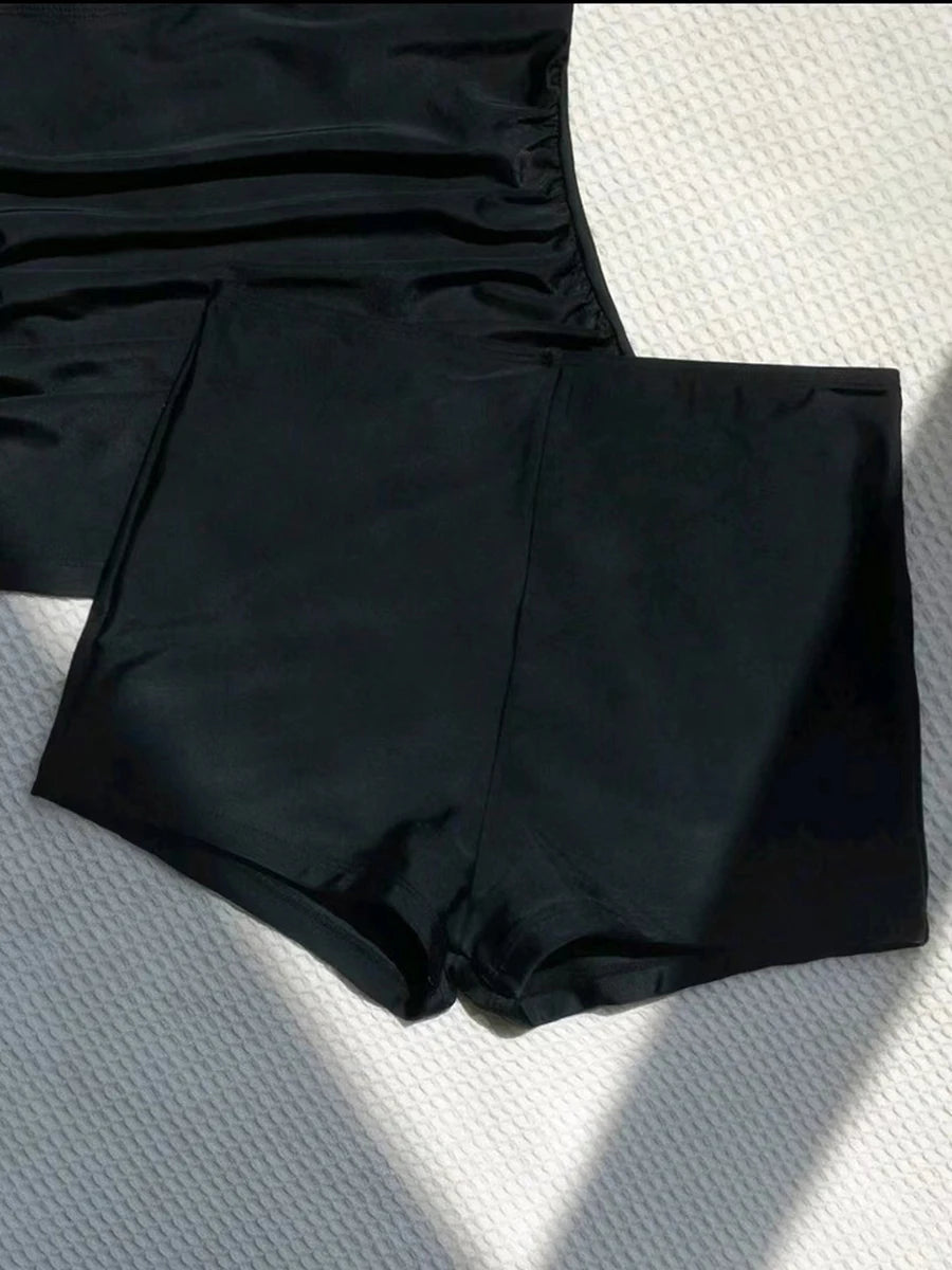 Halter Tankini Solid Swimsuit Women High Waist Swimwear Female Padded Bathing Swim Suit Swimming Beachwear Summer
