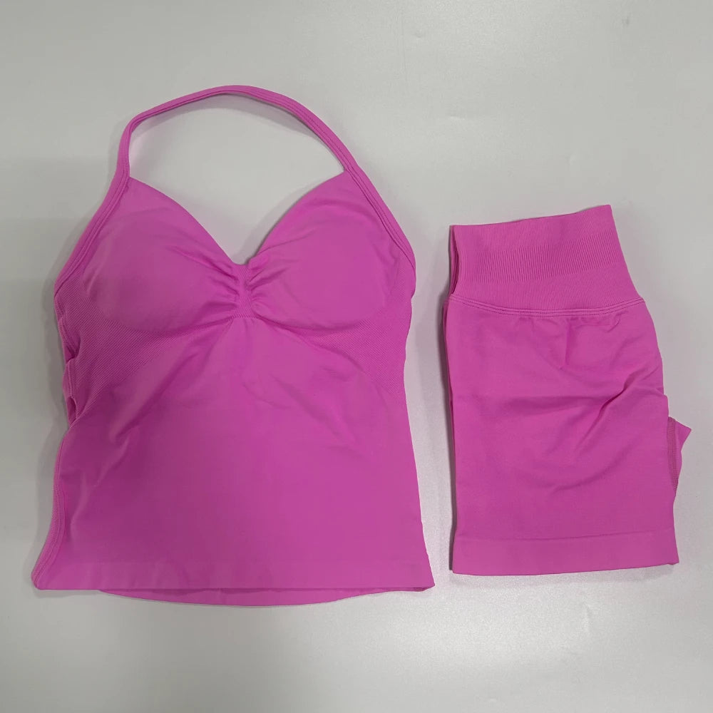 2Pcs Gym Set Women Backless Tank Tops High Waist Scrunch Seamless Shorts Gym Suit Fitness Clothes Activewear Workout Set