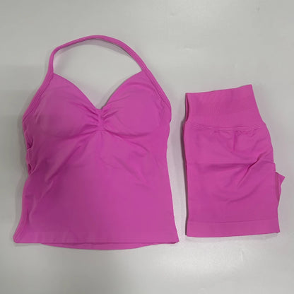 2Pcs Gym Set Women Backless Tank Tops High Waist Scrunch Seamless Shorts Gym Suit Fitness Clothes Activewear Workout Set