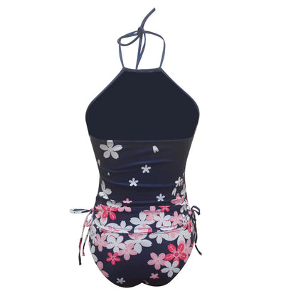 2 PC Tankinis Women Slim Fit Floral Printed Casual Swim Tops With Swim Pants Summer Drawstring Backless Conservative Swimwear