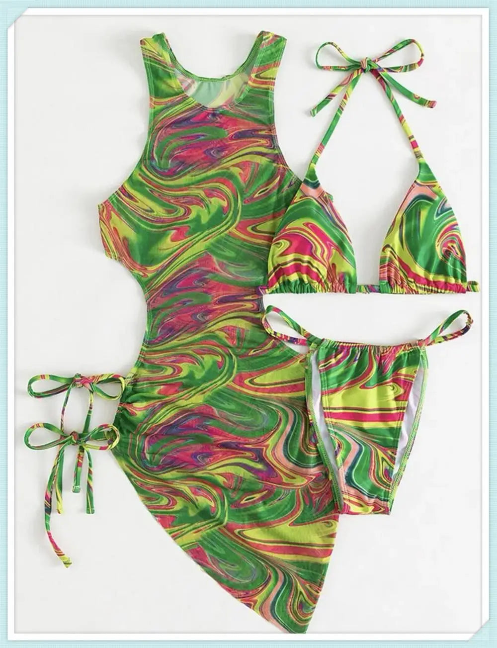 3 Piece Print Halter Triangle Bikini Sets Women Cover Up Swimwear Summer Swimsuit Female Bathing Swimming Suit Beachwear