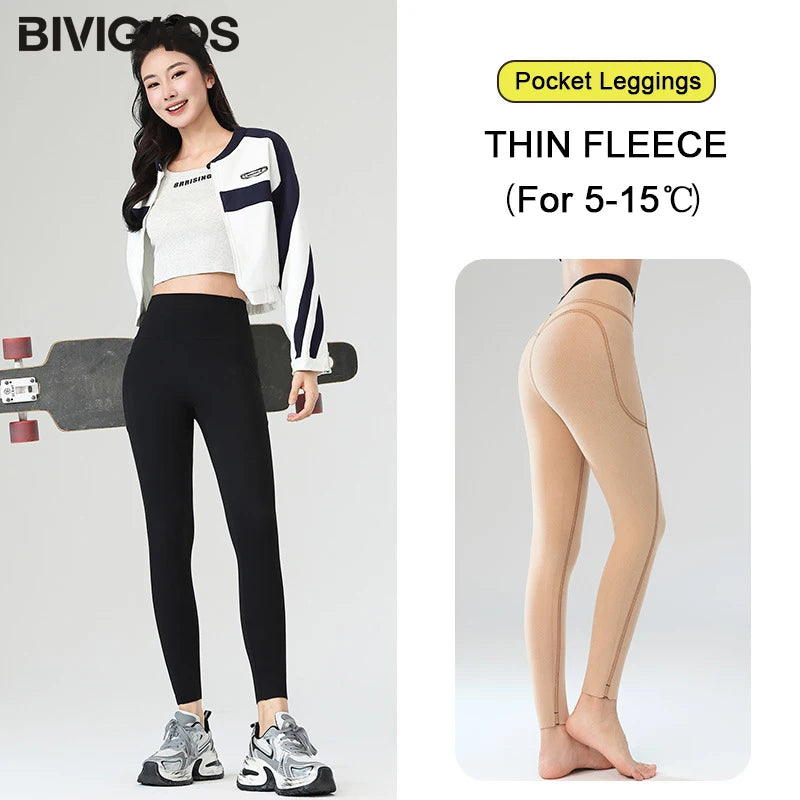 Winter Fleece Pocket Sharkskin Leggings Women High Waist Tight-Fit Velvet Thickened Warm Sports Running Leggings