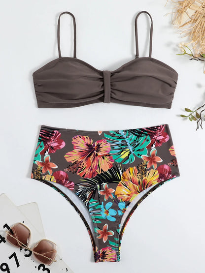 Solid Bandeau Bikini Set Women Tropical Printed Swimwear Female Push Up Swimsuit High Waist Bathing Suit Tie Back Beachwear