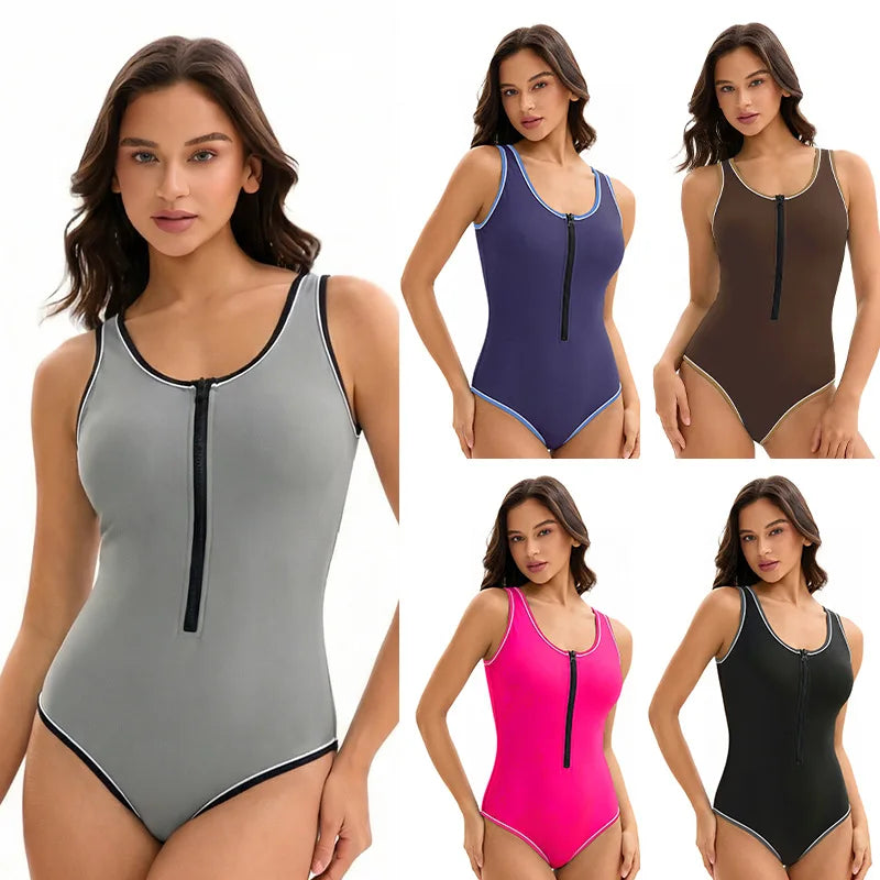 Tummy Control Swim Suits for Women Slimming One Piece Swimsuit Modest Bathing Suit Zipper Front  Solid Swimwear