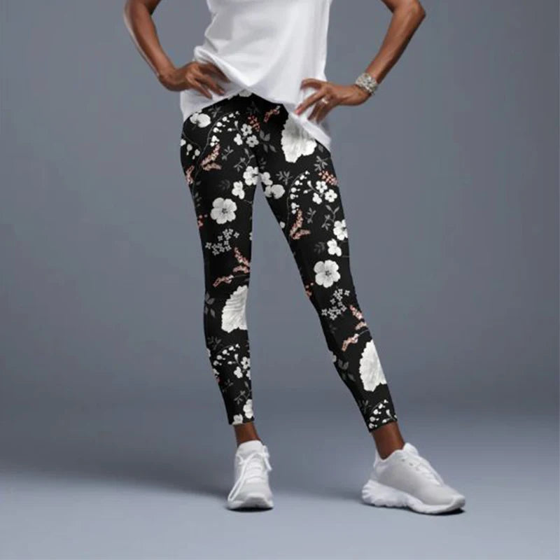 Women Side Pocket Elastic Pants Fashion High Waist 3D Digital Printing Fitness Leggings Yoga Pants
