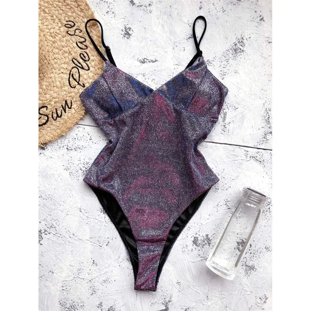 S - XL V Neck High Cut One Piece Swimsuit Women Swimwear Female Bather Shiny Glitter Sparkling Bathing Suit Swim