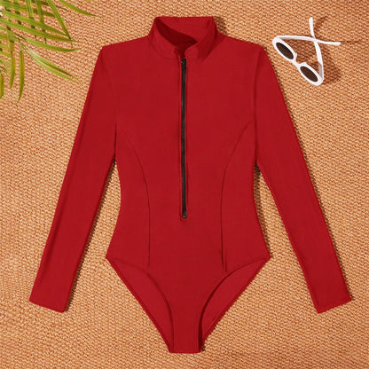 S - 2XL 4 Colors Long Sleeve With Zipper Surf Rash Guard One Piece Swimsuit Women Swimwear Female Bather Bathing Suit Swim