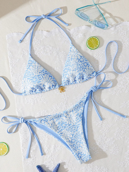 Triangle Bikini Set - Floral Print Push Up Swimsuit & Brazilian Bottoms