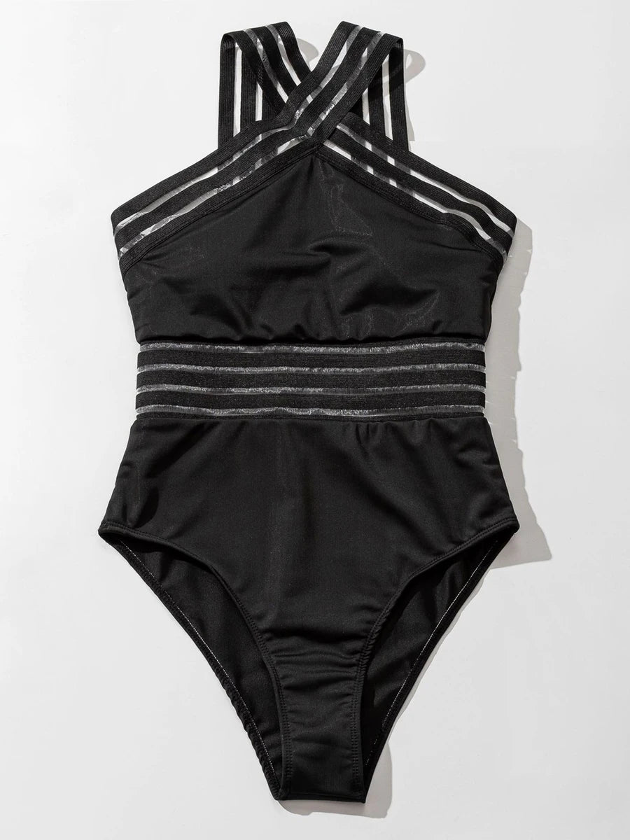Solid Mesh Tape Swimsuit One Piece High Neck Swimwear Women Cross Front Bathing Suit Female Padded Beachwear Bodysuit