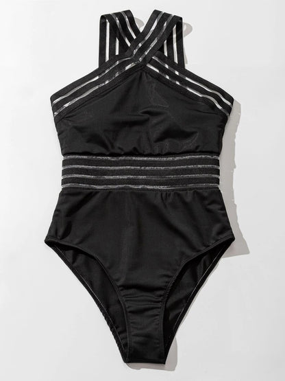 Solid Mesh Tape Swimsuit One Piece High Neck Swimwear Women Cross Front Bathing Suit Female Padded Beachwear Bodysuit